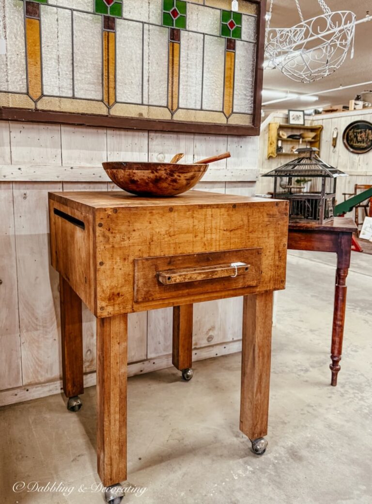 Vintage wooden butcher block table in antique store in Vermont.