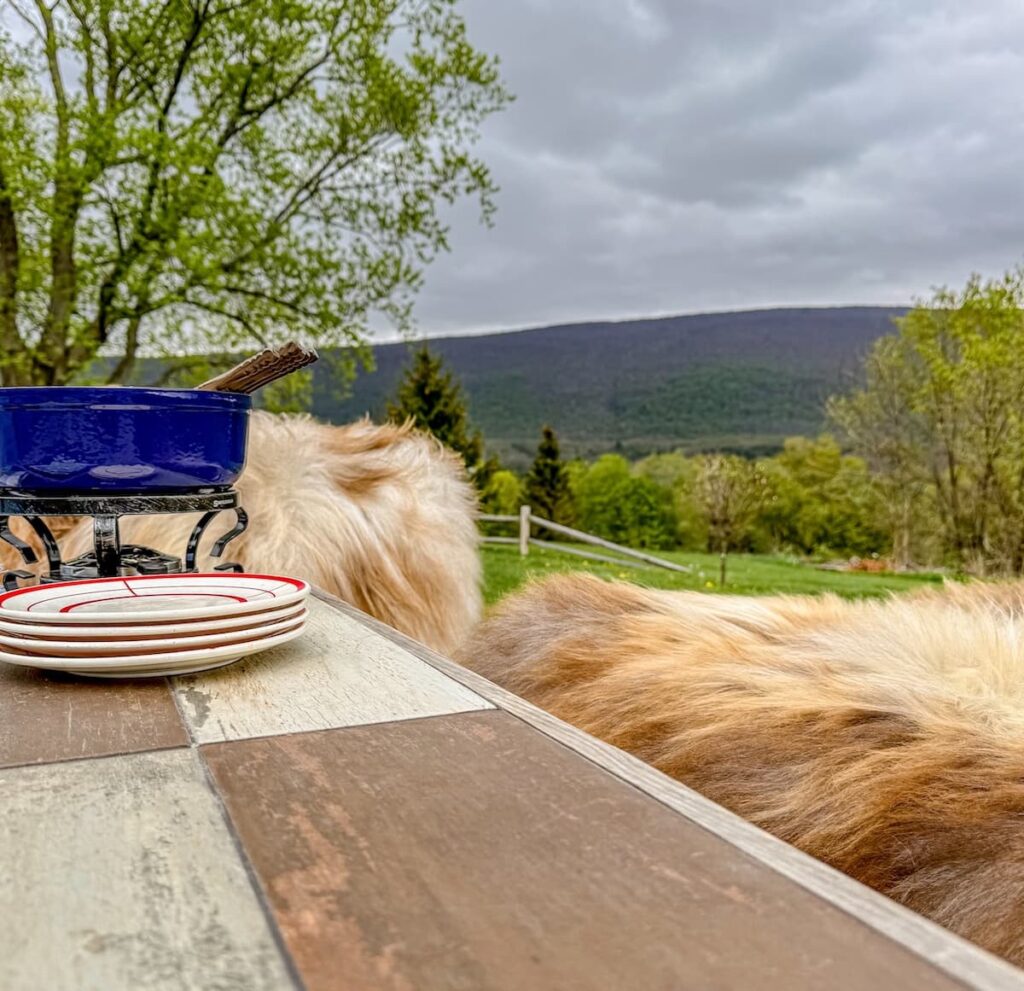 Backyard fire pit with Vermont mountain views with a fondue set on fire pit table and foxy colored sheepskins draped on seating.