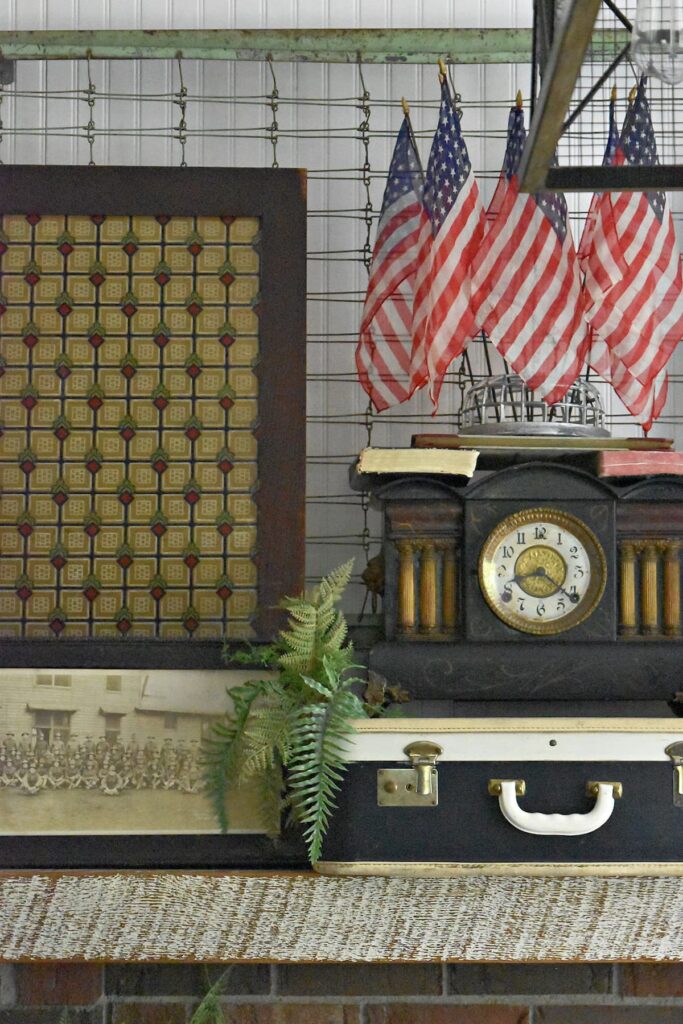 Classic vintage Patriotic mantel decor with vintage thrifted finds.