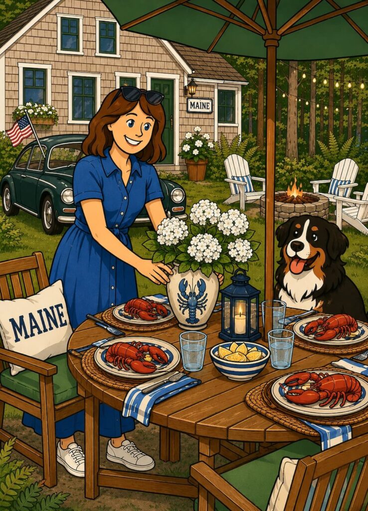 Cartoon image of a woman in a blue dress setting an outdoor lobster table with a Bernese Mountain dog in the a coastal Maine home's backyard.