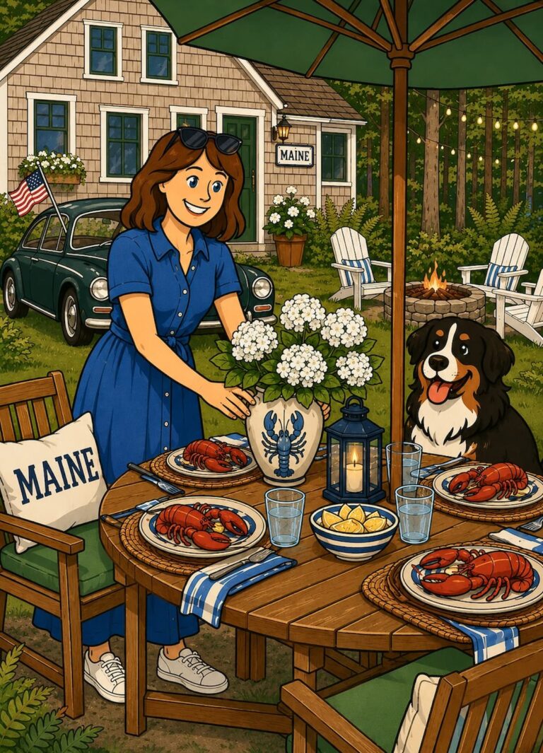Cartoon image of a woman in a blue dress setting an outdoor lobster table with a Bernese Mountain dog in the a coastal Maine home's backyard.