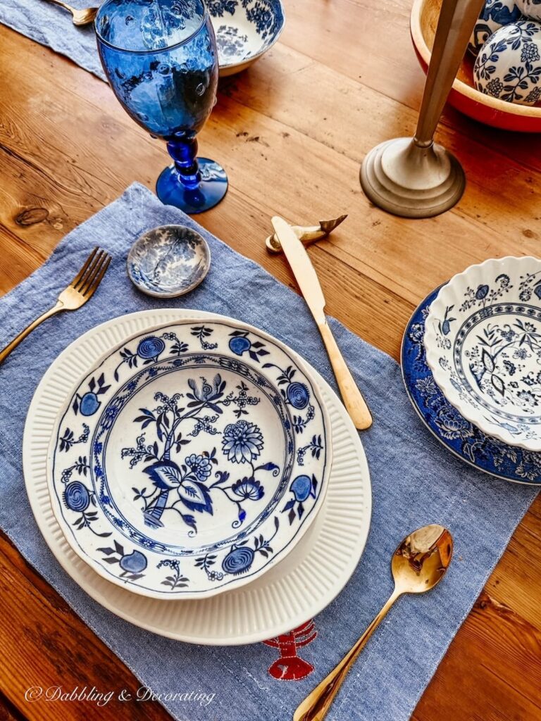 blue and white vintage patriotic place setting on denim placemats for summer.
