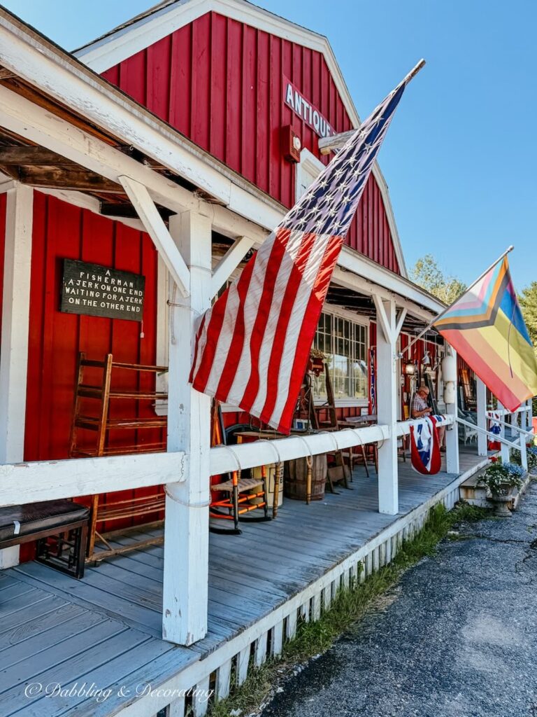Wiscasset Antique Mall in Wiscasset, Maine; a large red barn.