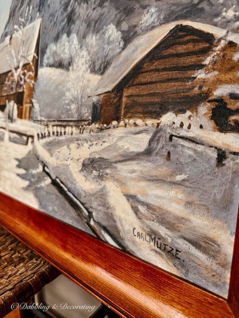 Close up of antique painting with author name Carl Mütze.