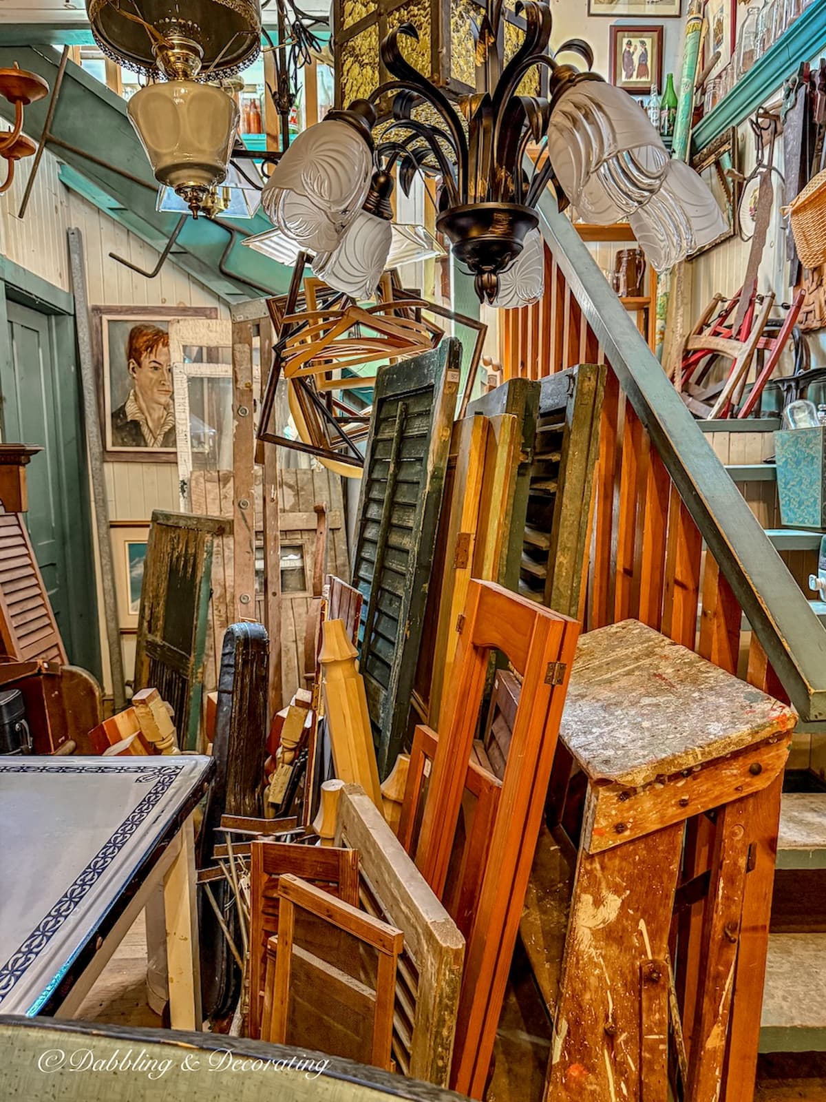 Inside a Bromont, Quebec antique store filled with old shutters, antiques and vintage home decor items.