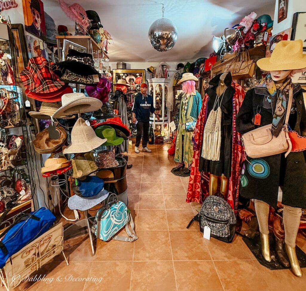 Inside a clothing consignment shop and antique store in Knowlton, Quebec with retro fashion.
