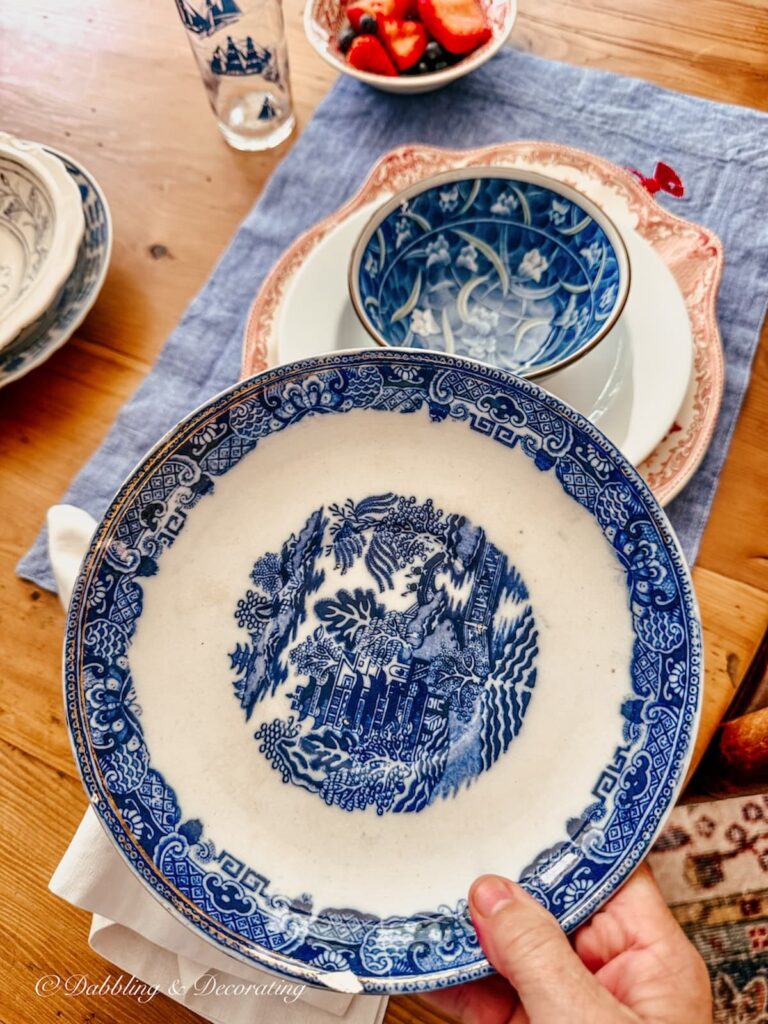vintage red, white, and blue dishes for Patriotic place settings ideas.