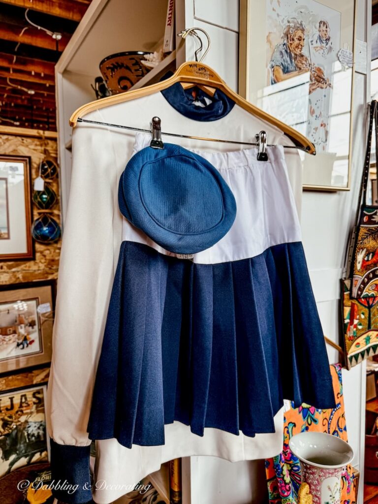 Blue and white 1950s stewardess skirt, top and hat for sale at Portland Antique's Mall in Maine.