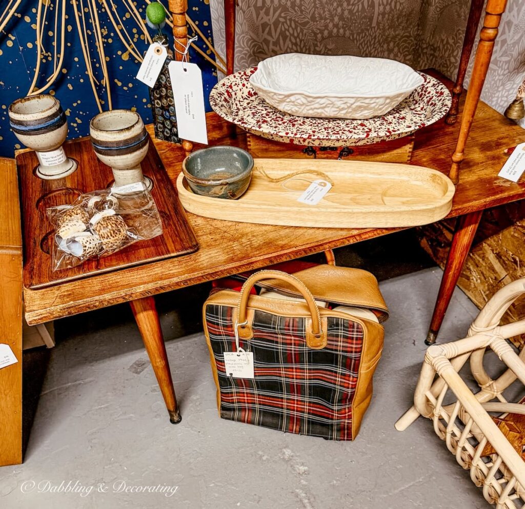 Vintage bowling bag on floor of antique booth used for a picnic bag in urban vintage.