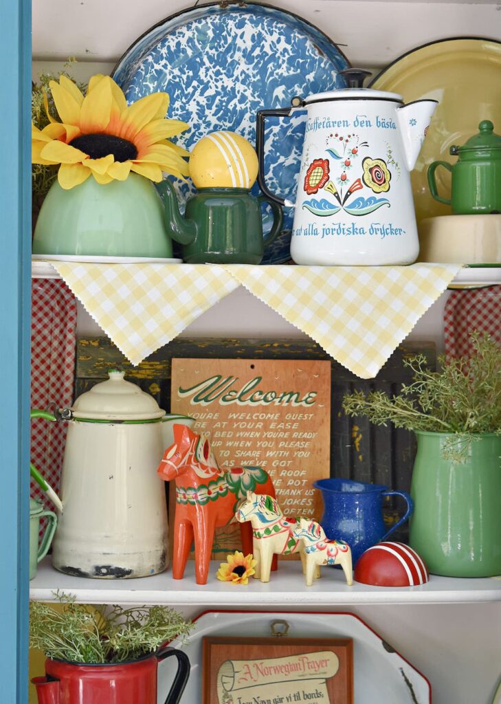 Colorful Summer Vintage Enamelware Display with Scandinavian Style
