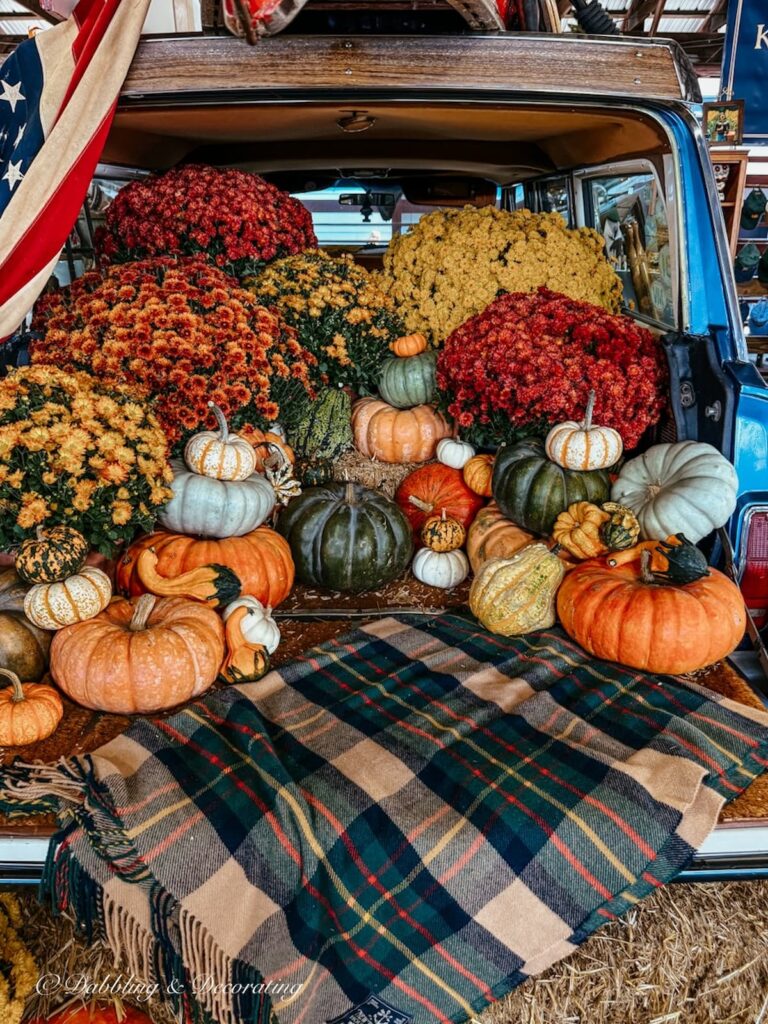 Trunk of vintage Wagoneer vintage fall booth display filled with colorful mums and pumpkins and gourds.