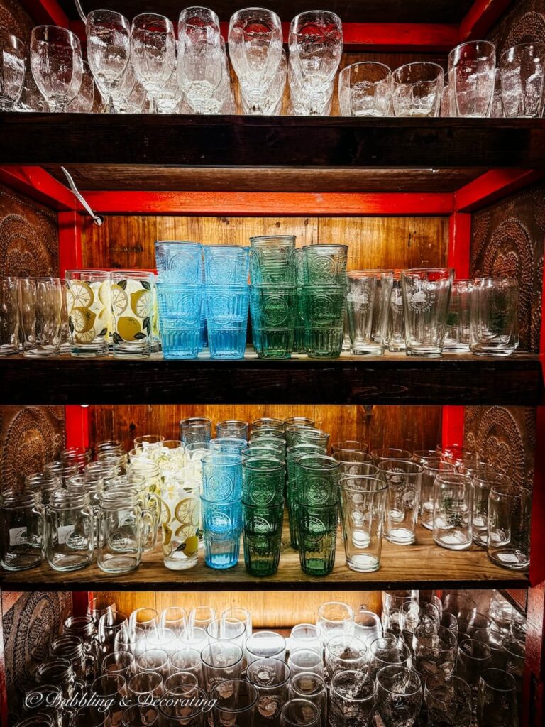 Old-fashioned glassware displayed at The Vermont Country Store.