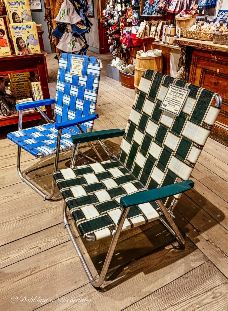 web lawn chairs one in blue and the other in green on display at The Vermont Country Store