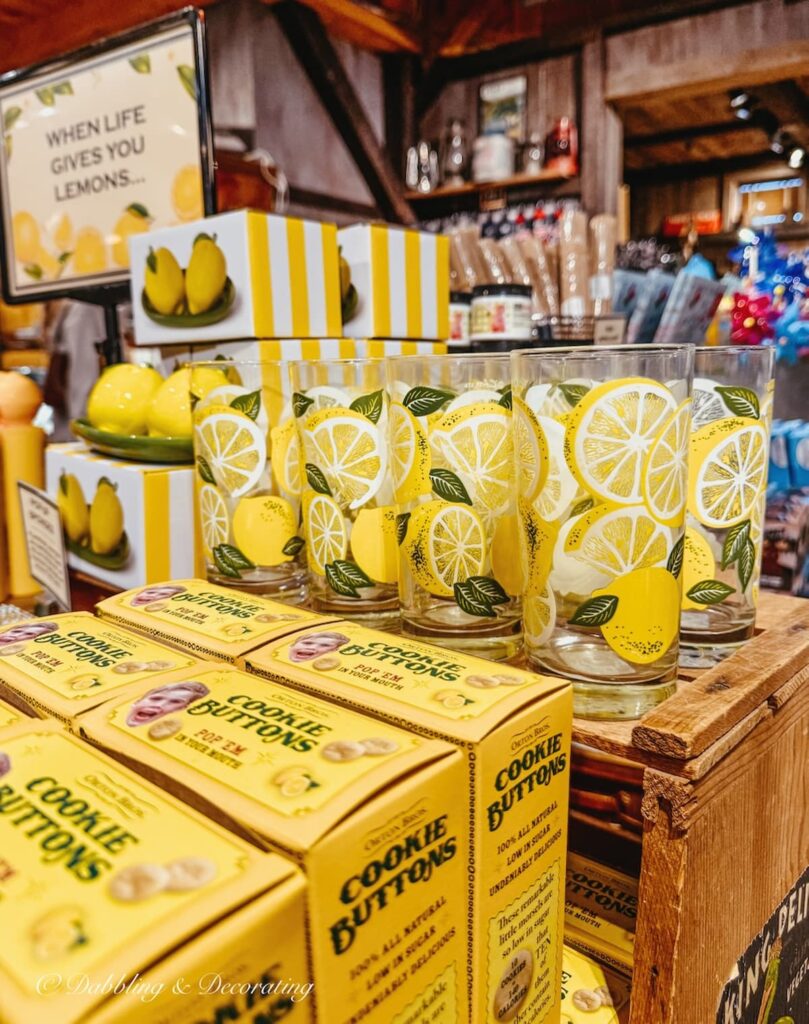 Old fashioned lemonade glassware on display at The Vermont Country Store.