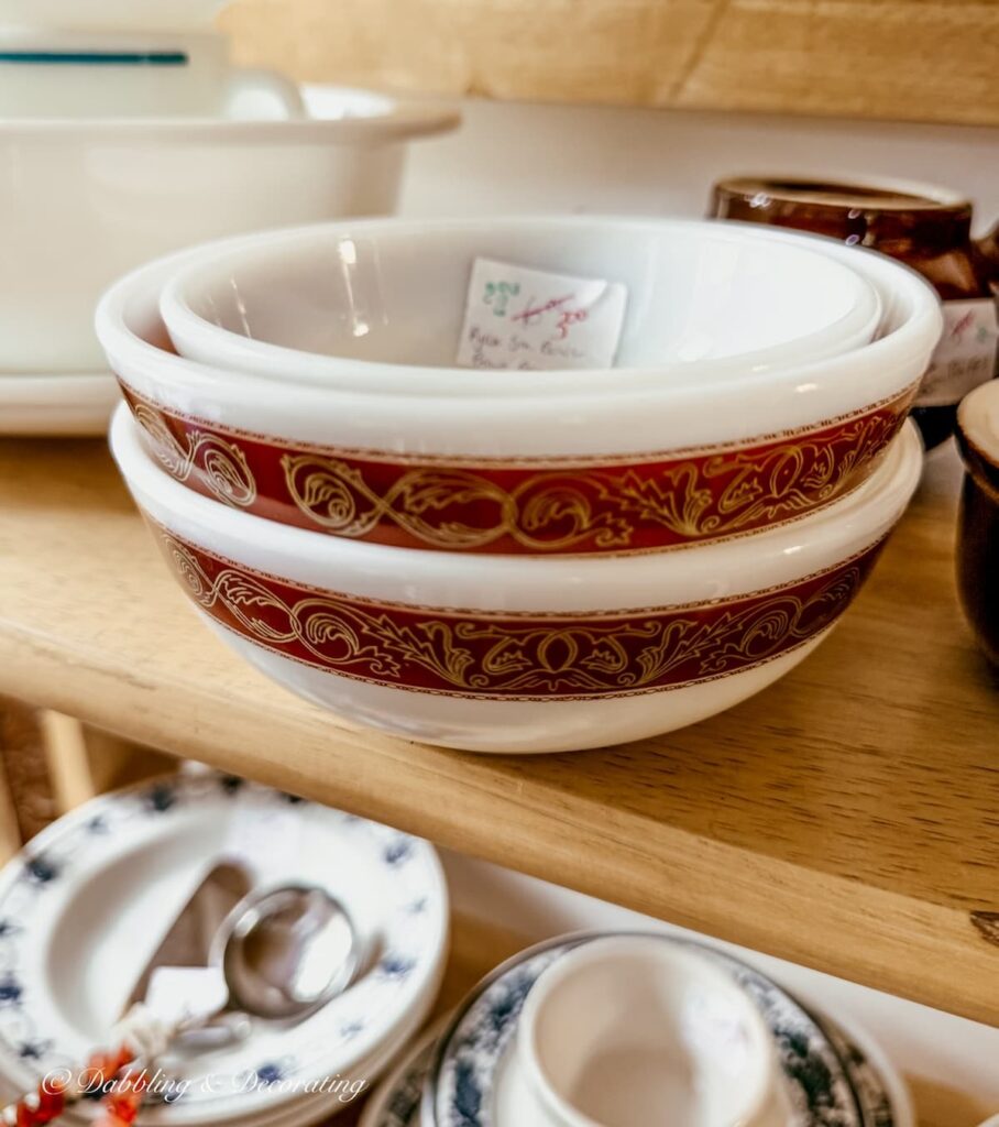 Three small Pyrex brown and white bowls for $3.00 each in thrift store in Camden, Maine.