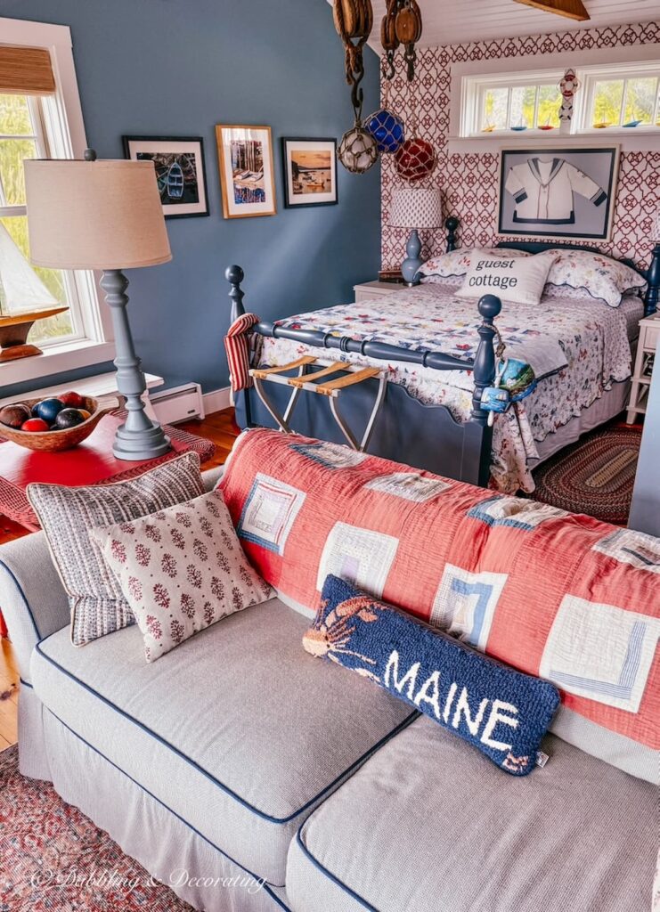 Colorful vintage styled guest cottage with blue lamps and shades for cozy lighting options.
