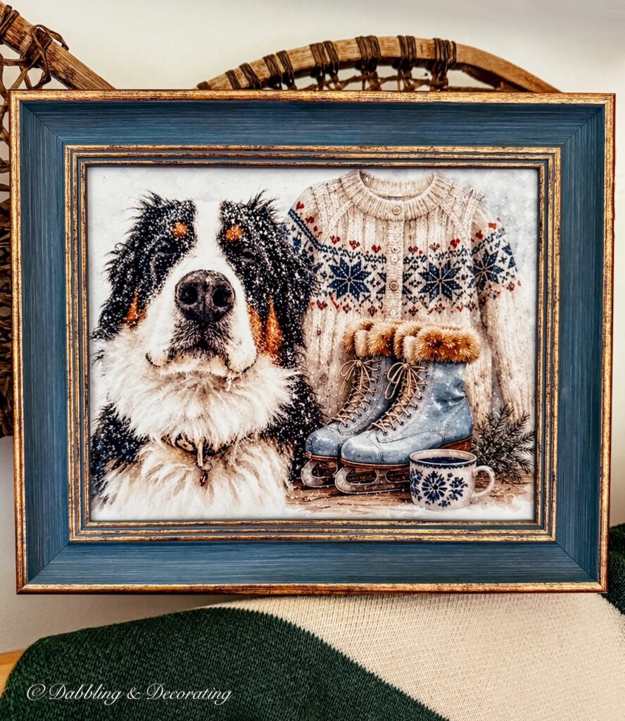 Winter Collection Printables with Bernese Mountain Dog, Vintage ski sweater, blue ice skates and swiss coffee mug.