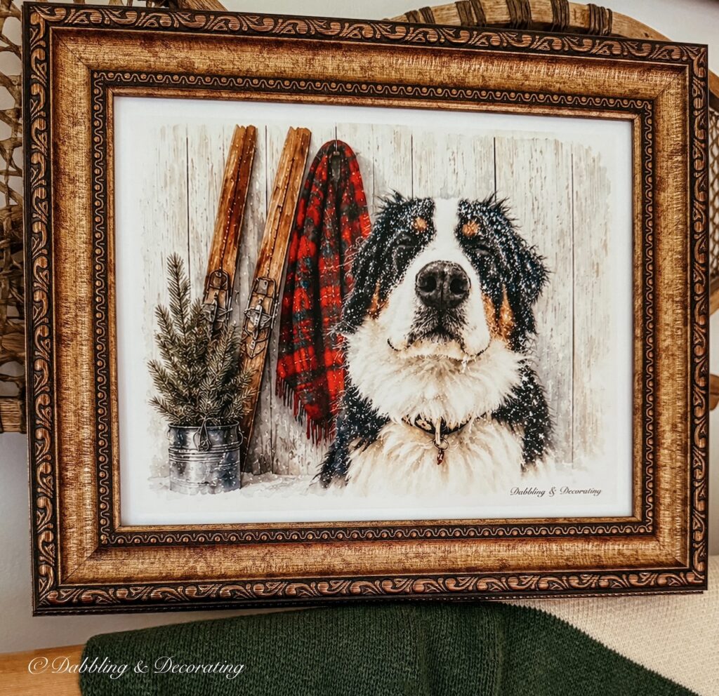 Winter Collection Printables with Bernese Mountain Dog, Evergreen small tree, wooden skis and a hanging red scarf.