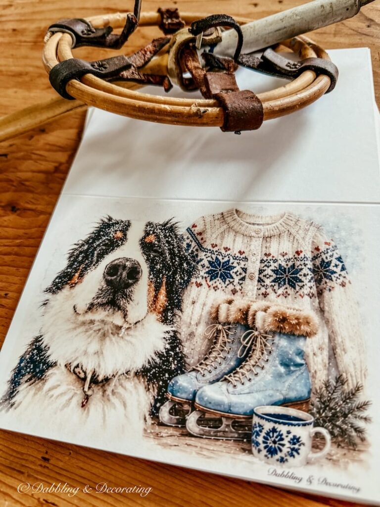 Winter Collection Notecard with Bernese Mountain Dog, Vintage Ski Sweater, Blue Ice Skates and Coffee Mug.