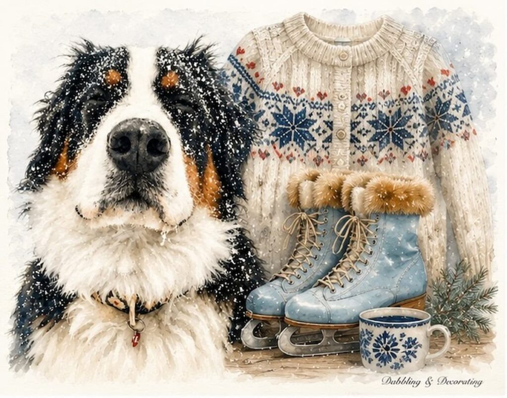 Dabbling & Decorating Winter Collection print with Bernese Mountain Dog, vintage ski sweater and blue skates with fur and a Swedish mug with coffee.