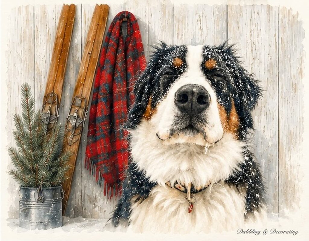 Dabbling & Decorating's Winter Collection printable with Bernese Mountain dog, red scarf and skis for a cozy winter scene.