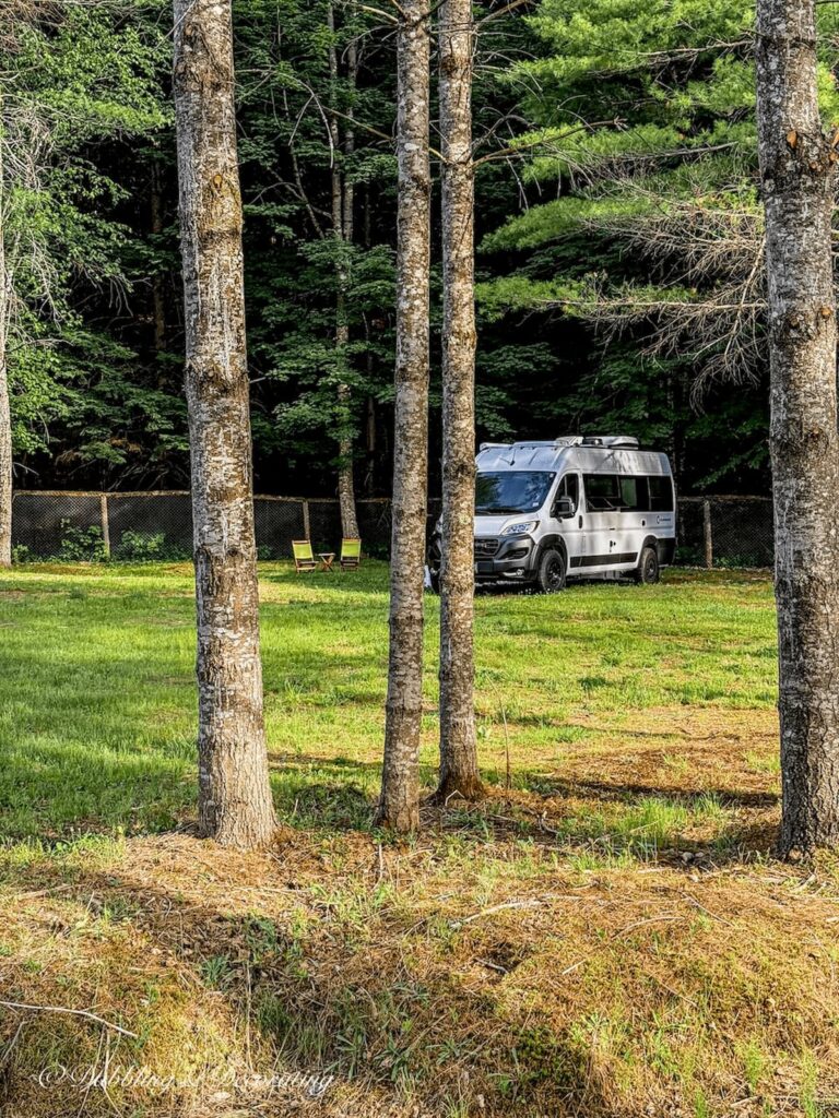 RV parked in the back of Hay Fields Antiques boondocking through Harvest Hosts.