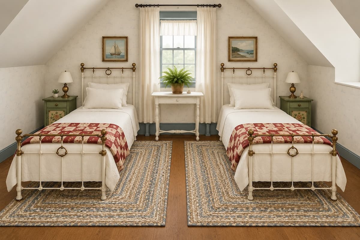 Attic Bedroom Inspiration Photo with two wrought iron beds, rugs and vintage style details.