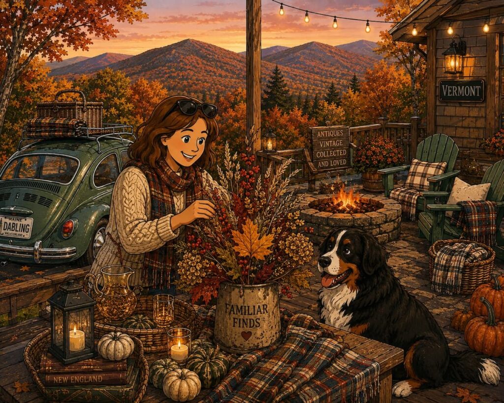 Cartoon of Ann of Dabbling & Decorating with Bernese Mountain Dog, Ella decorate for fall outdoors in the Vermont mountains.