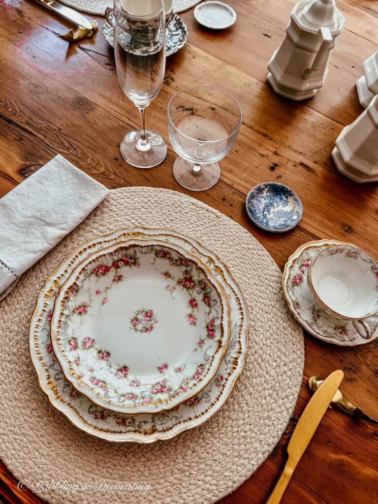 Place setting with family heirloom Theadore Haviland Limoges place setting on vintage table setting for summer into fall.