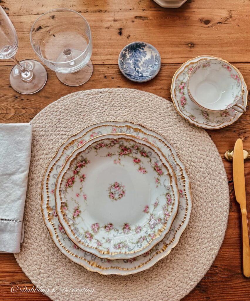Theadore Haviland Limoges china place setting on vintage tablescape for summer into fall home decor styling.