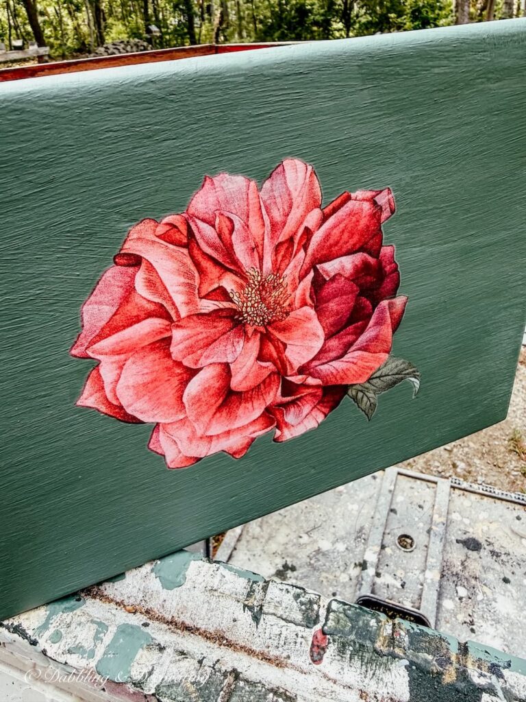 Rose transfer on Annie Sloane Amsterdam Green and Country Grey mixed Nightstand paint makeover drawer.