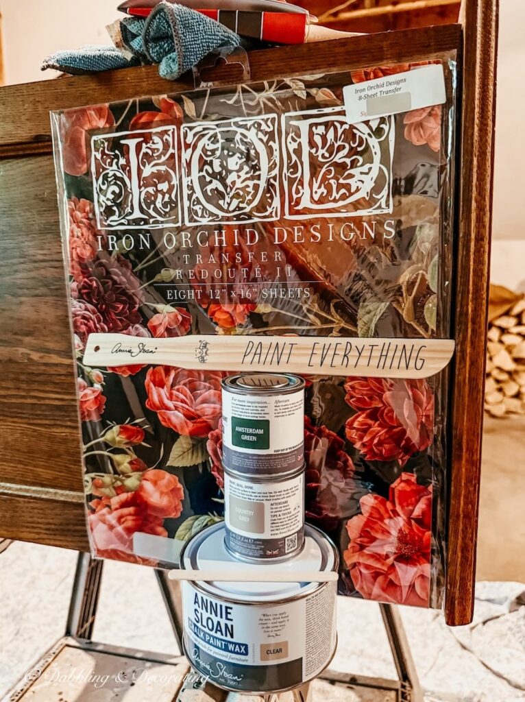 Supplies needed for this painted nightstand makeover.