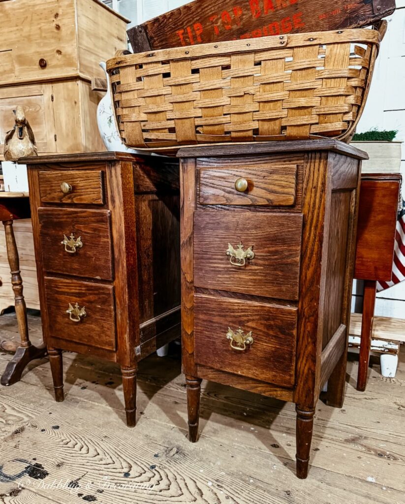 Two old oak wood nightstands at a Barn Sale in Maine.