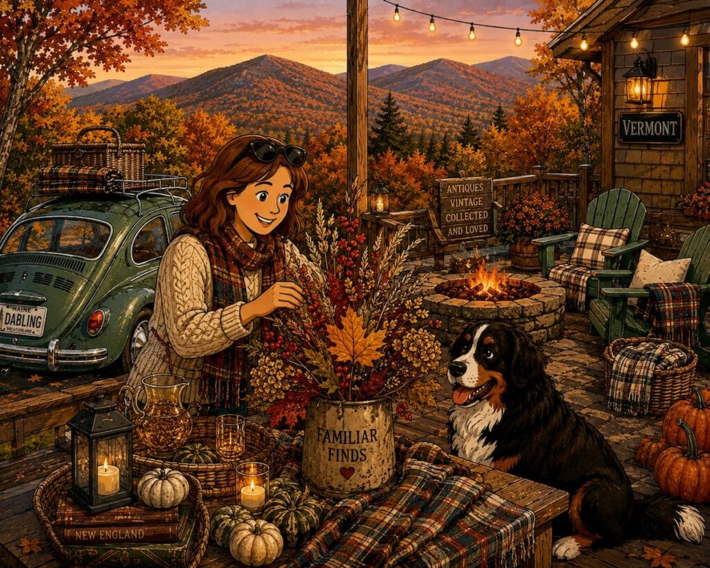 Cartoon of Ann of Dabbling & Decorating with Bernese Mountain Dog, Ella decorate for fall outdoors in the Vermont mountains.