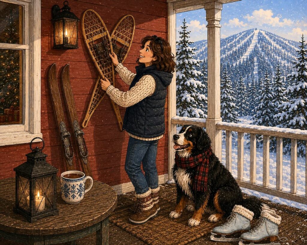Cartoon of woman hanging vintage snowshoes on porch of red house in the mountains of Vermont with a Bernese Mountain Dog looking on.