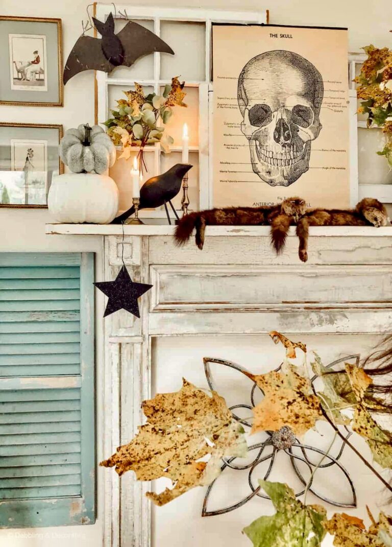 Vintage Halloween ideas with mantel with academic skeleton poster, minks, black bats, crows, and stars, foliage leaves and old shutters and layered salvaged windows.