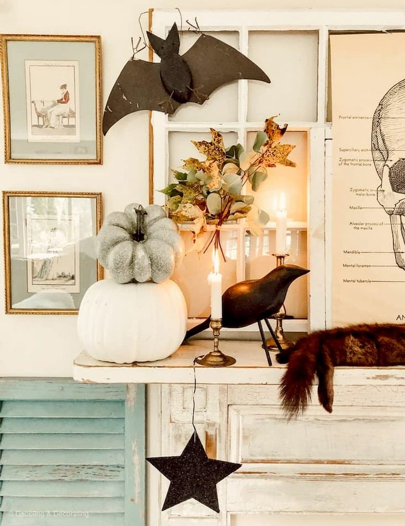 Vintage Halloween mantel styled with old black bats, minks, black star old shutters, pumpkins, foraged leaves, and old windows.