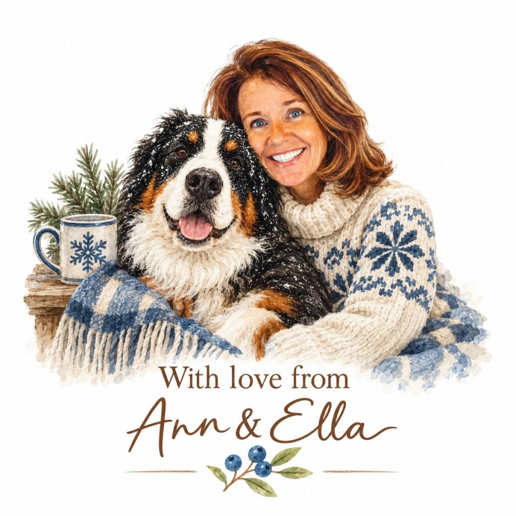Ann & Ella signature with cartoon AI generated photo of Ann and Ella for the winter collection.