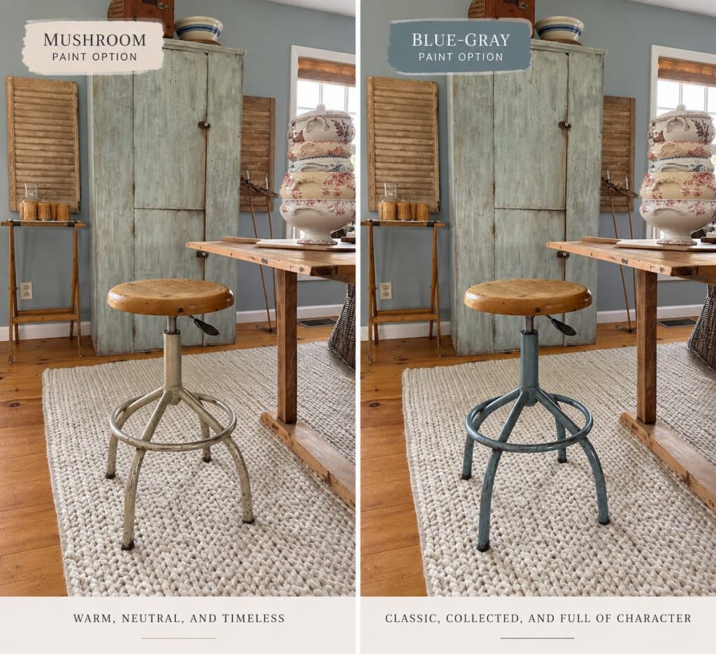 Two antique drafting stools one painted with mushroom and the other blue-gray in kitchen scullery.