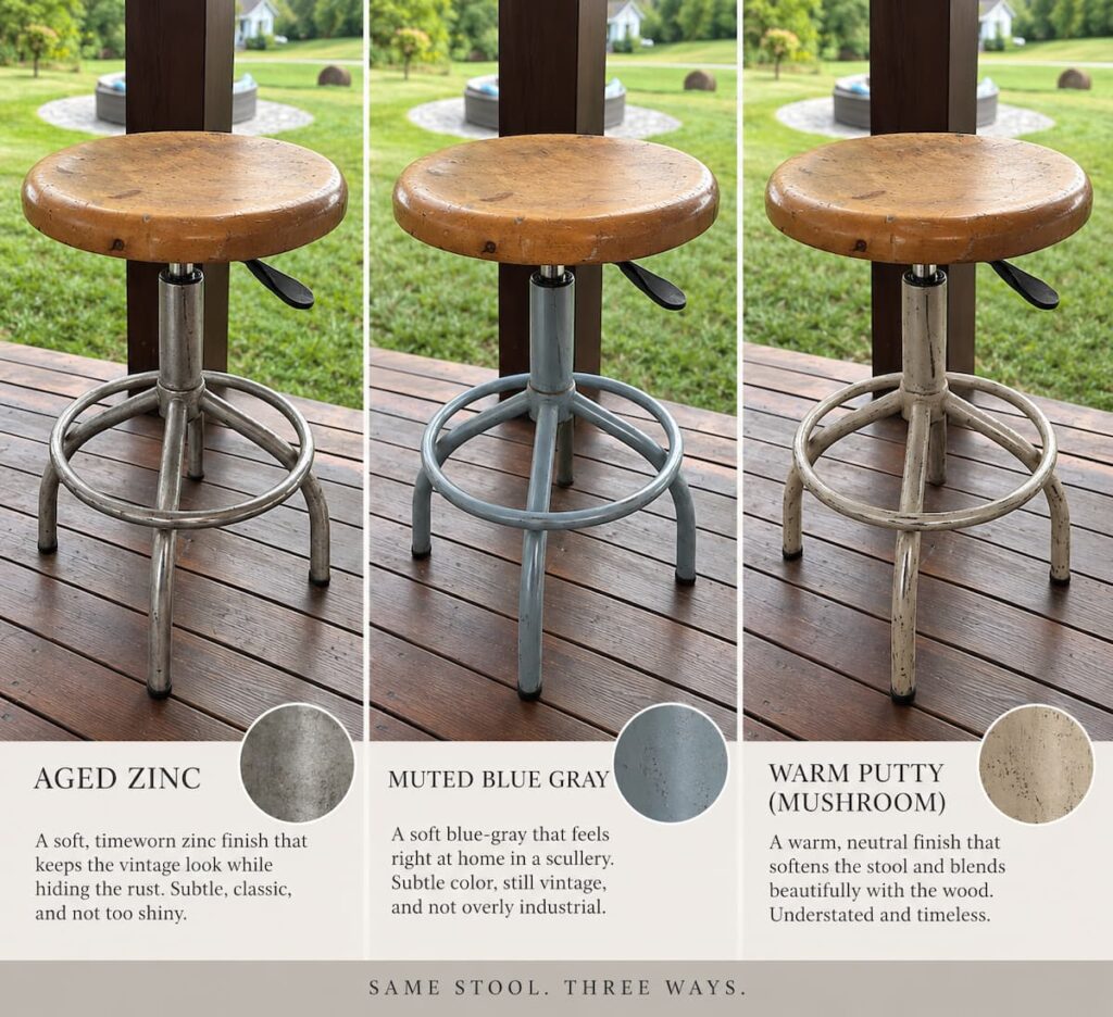 Three antique drafting stools with different paint colors on the bottom, Gray, blue, and cream.