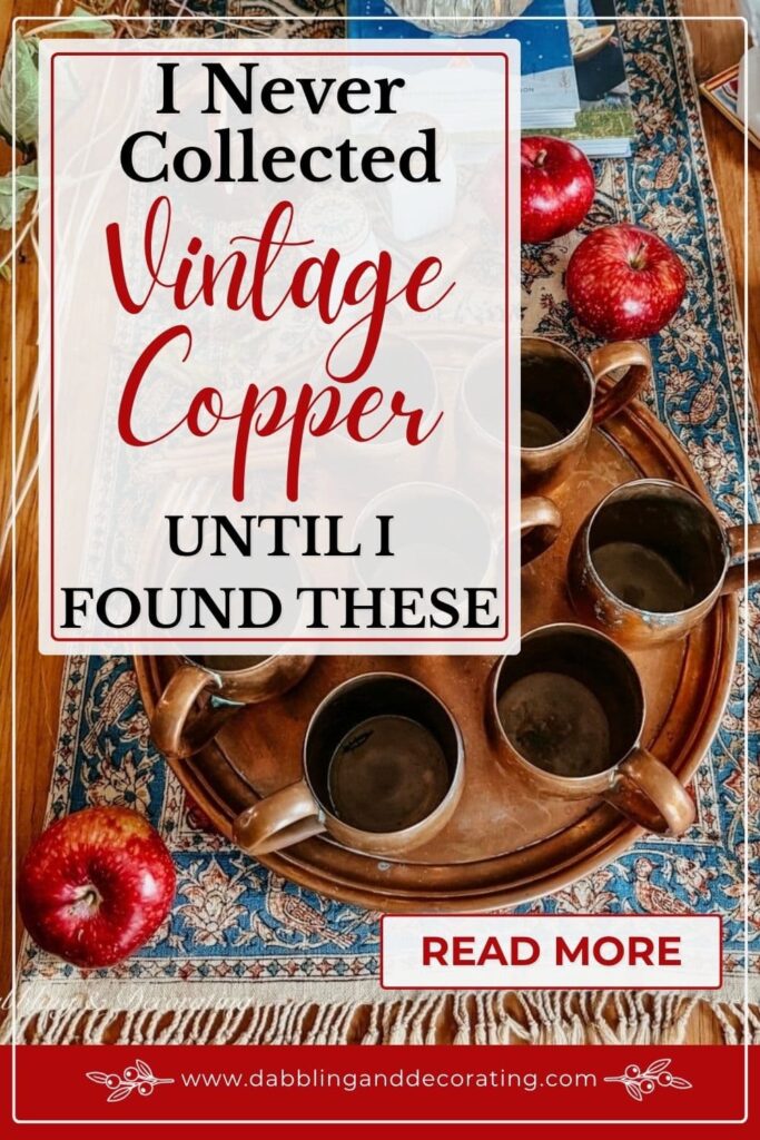 Fall table setting with vintage copper mugs, tray, apples, antique textile, wooden soup bowls, branches, and more for an after apple picking gathering.