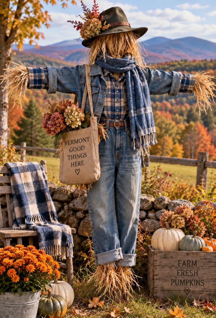 AI generated fall scarecrow in the mountains layered in blue and brown fall clothing and fall style.