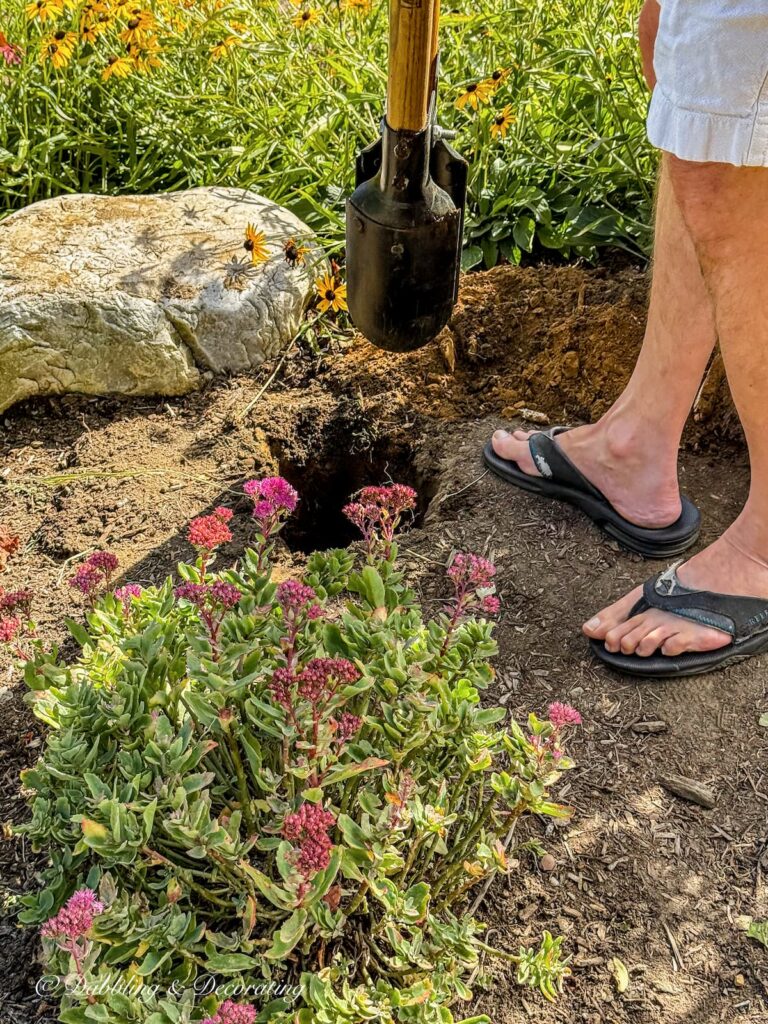 hole in ground with hole digger in fall garden for a scarecrow post.