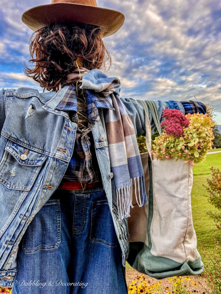 Fall scarecrow with jean jacket, wig and denim blues with bag of flowers in the mountains.