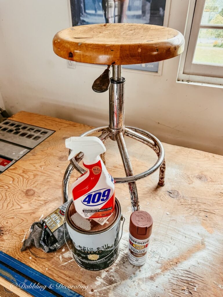Supplies needed for the antique drafting stool restoration.