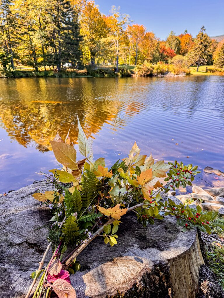 Foraged fall bouquet freshly picked on tree trunk next to Hapgood Pond during fall foliage in Vermont.