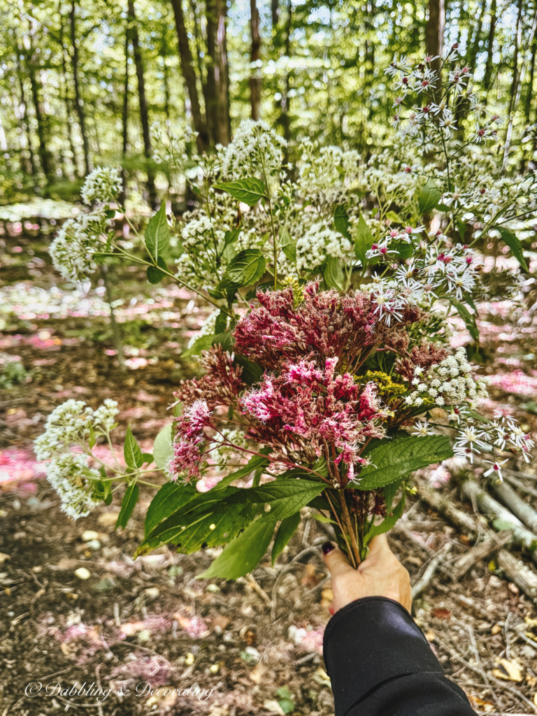 foraged bouquet of lavender and white florals in the woods in Vermont in hand.