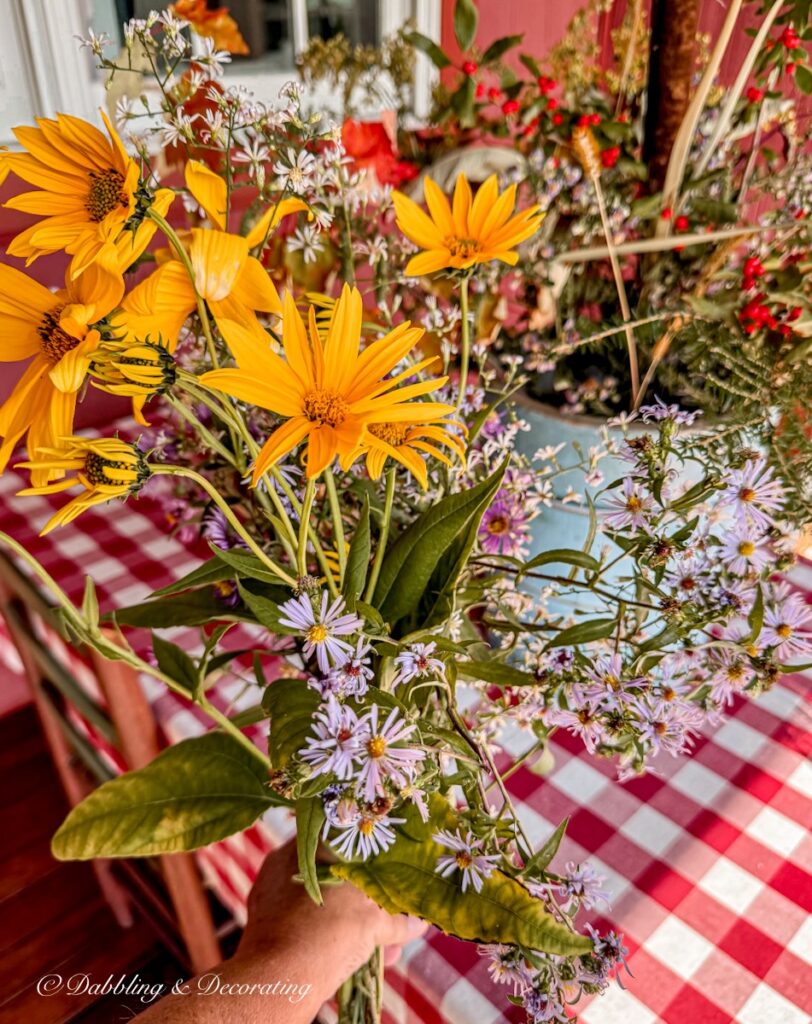 Colorful Foraged fall flowers picked outside on a Vermont walk.