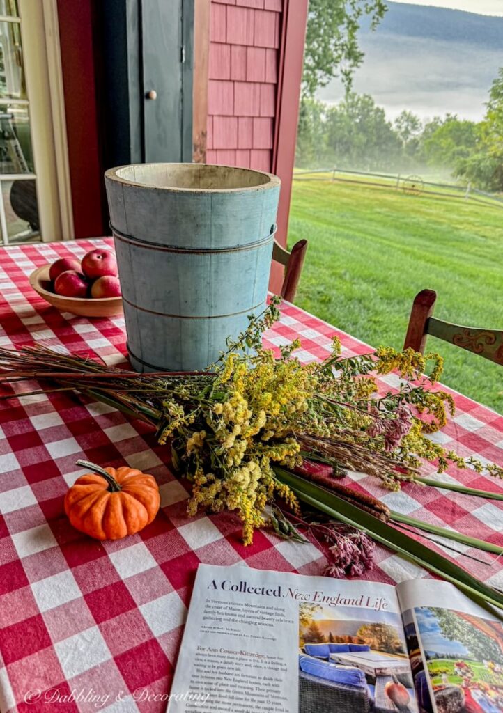 Vintage blue ice cream bucket on red and white gingham tablecloth with foraged flowers, pumpkin and open magazine feature on a porch with mountain views.