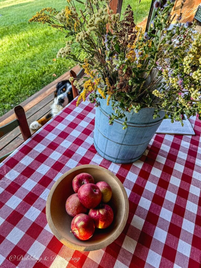 Fall foraged flower arrangement in vintage blue ice cream bucket on red and white gingham tablecloth with wooden bowl of apples and a Bernese Mountain dog looking up.